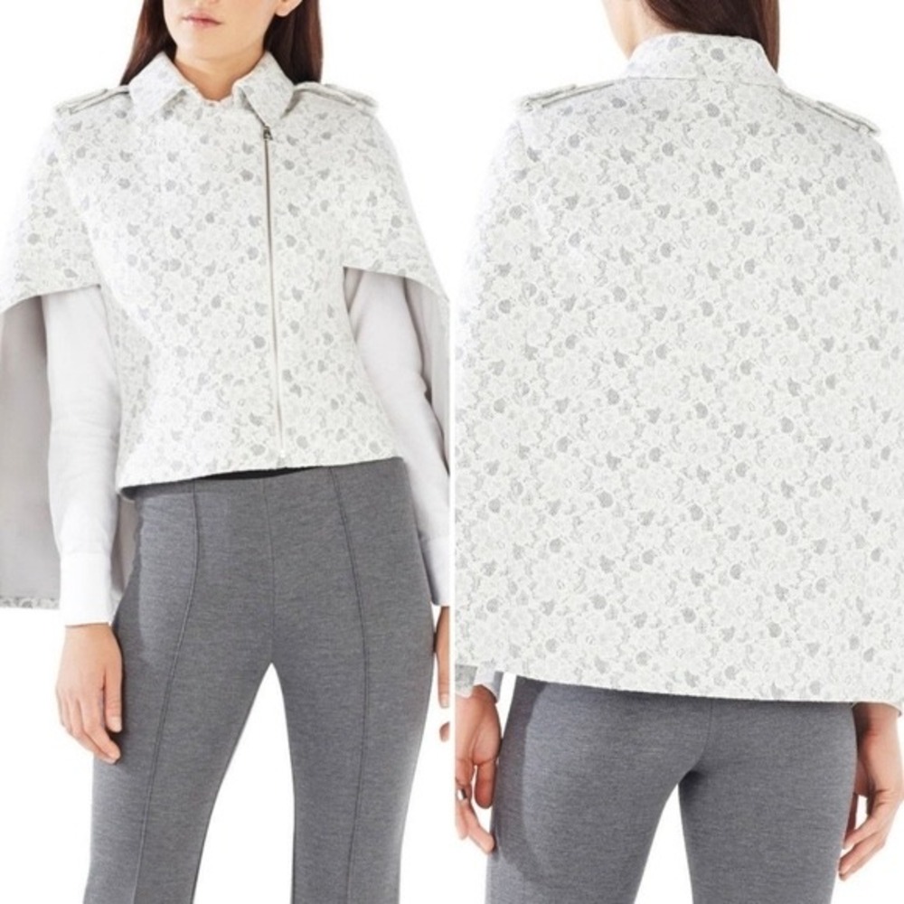 BCBGMAXAZRIA Jameson Lace Cape Jacket Off White Grey Moto XS NEW   Luxury runway